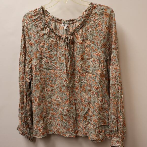 Patrons of Peace Peasant Blouse Fuffle Tie Front, Elastic Sleeves Sz L - Picture 12 of 14